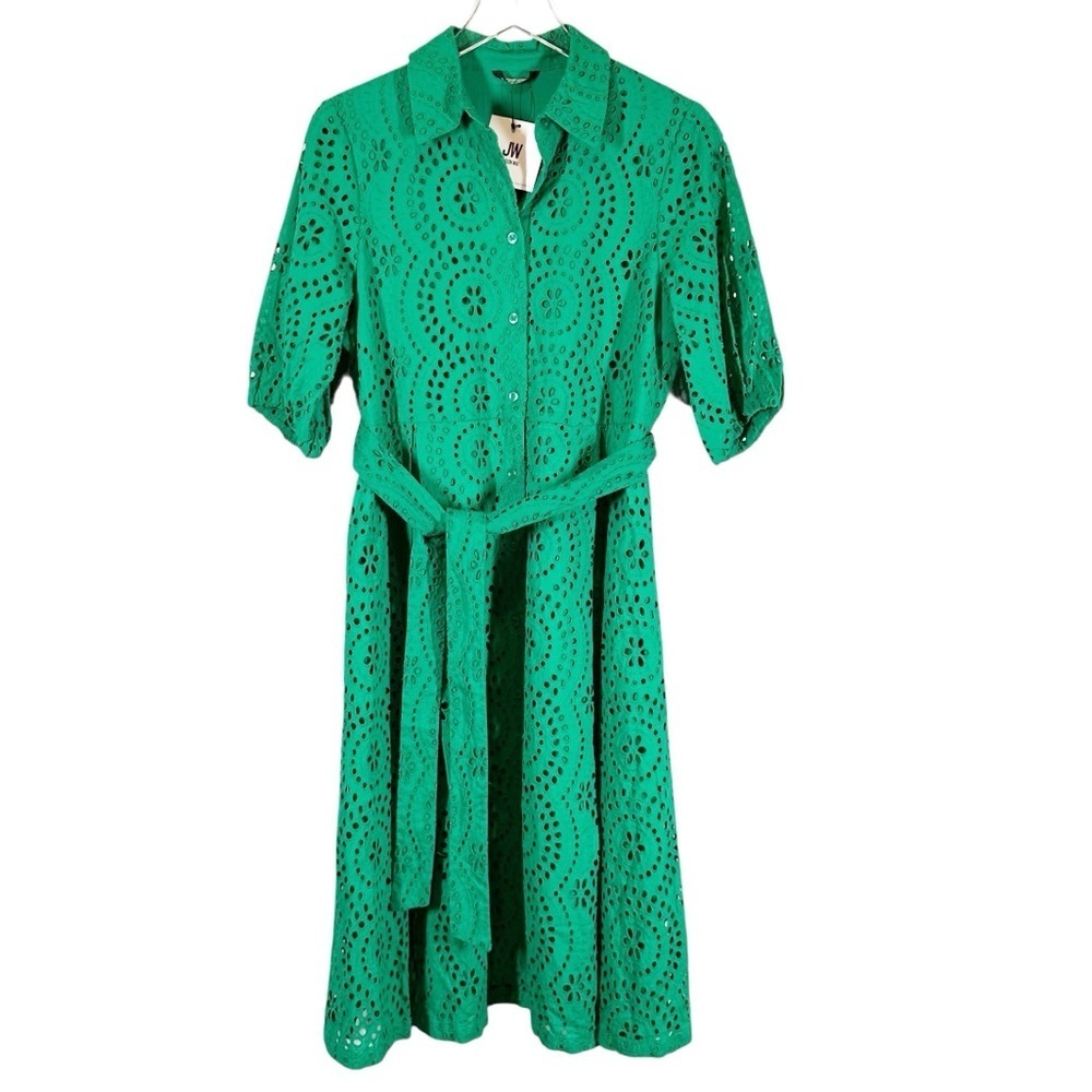 JASON WU Women's 6/medium Green Eyelet Short Sleeve Button DownShirt Midi Dress